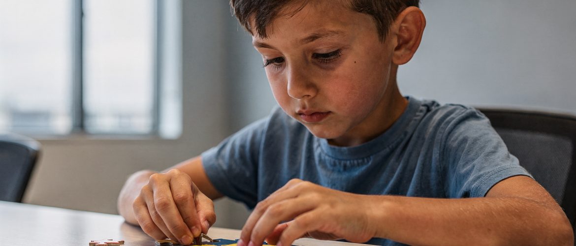 Kind lost complexe puzzel op, illustratie bij hoogbegaafdheid IQ score testen