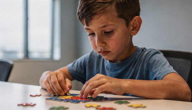 Kind lost complexe puzzel op, illustratie bij hoogbegaafdheid IQ score testen
