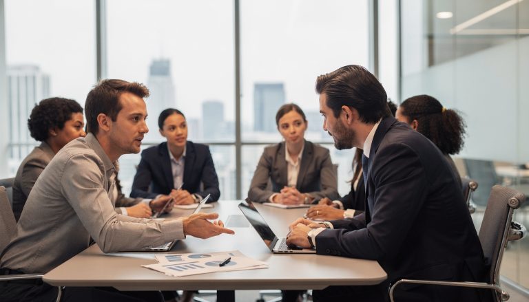 Leidinggevende in gesprek met hoogbegaafde medewerker over autoriteit en samenwerking op de werkvloer