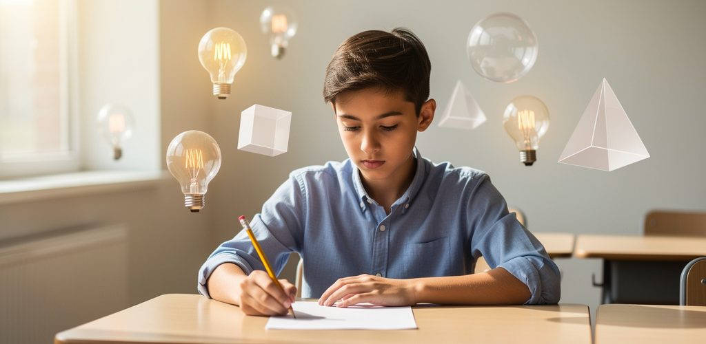 Een hoogbegaafde leerling aan een schoolbank met een leeg papier, omringd door lichtbollen als symbool voor ideeën — verbeeldt de spanning tussen talent en faalangst.