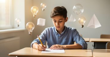 Een hoogbegaafde leerling aan een schoolbank met een leeg papier, omringd door lichtbollen als symbool voor ideeën — verbeeldt de spanning tussen talent en faalangst.
