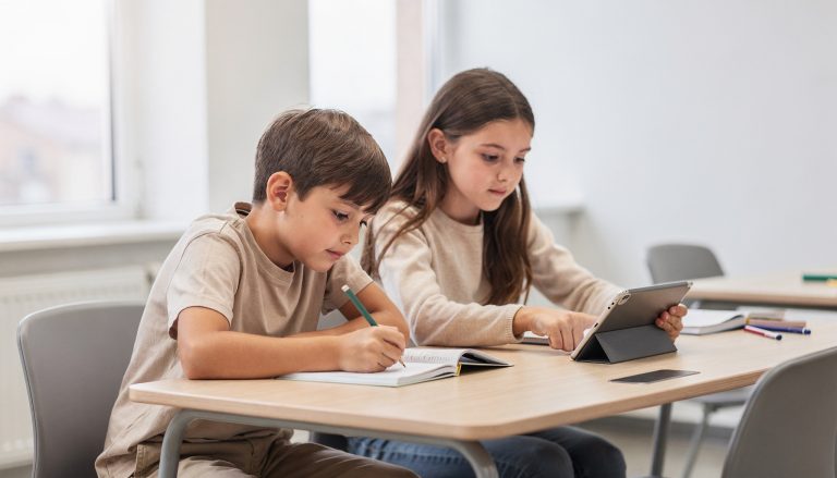 Hoogbegaafde leerlingen basisschool werken samen in een plusklas aan een uitdagende opdracht