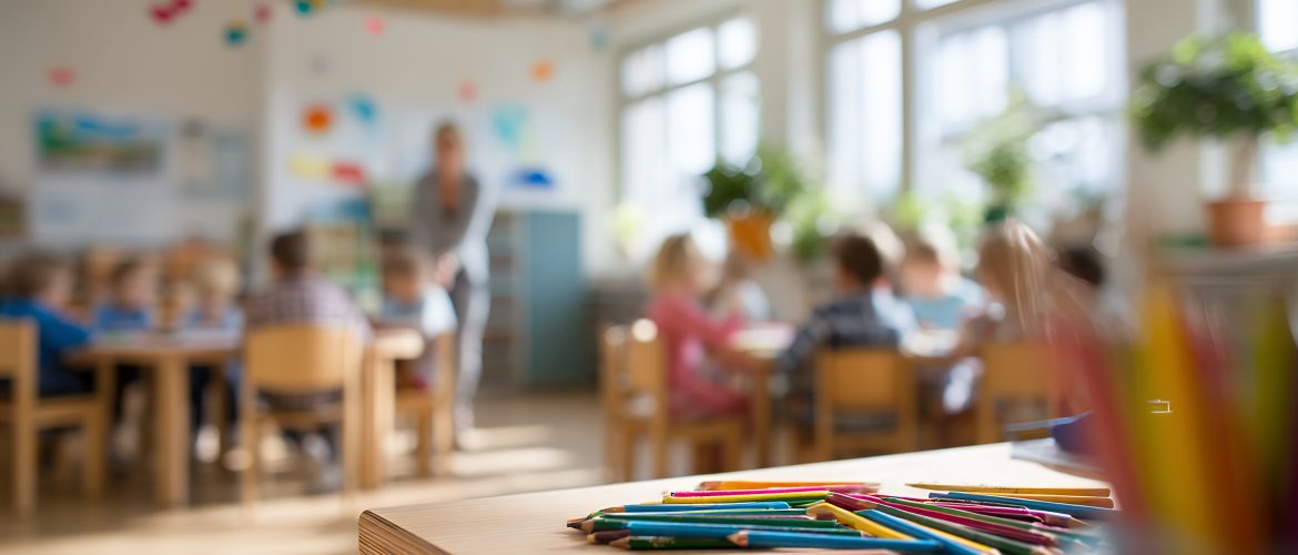 Een moderne schoolklas waarbij een nadenkend kind met geavanceerde boeken apart zit — symboliseert het over het hoofd zien van hoogbegaafde leerlingen in inclusief onderwijs.