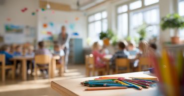 Een moderne schoolklas waarbij een nadenkend kind met geavanceerde boeken apart zit — symboliseert het over het hoofd zien van hoogbegaafde leerlingen in inclusief onderwijs.